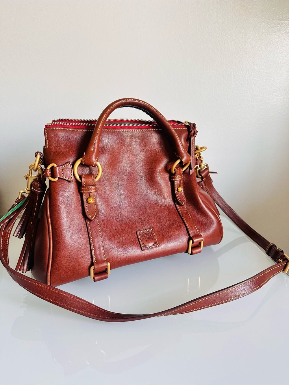 Dooney & Bourke Chestnut Brown Leather Satchel with Gold Hardware and Red Zip - Picture 6 of 6